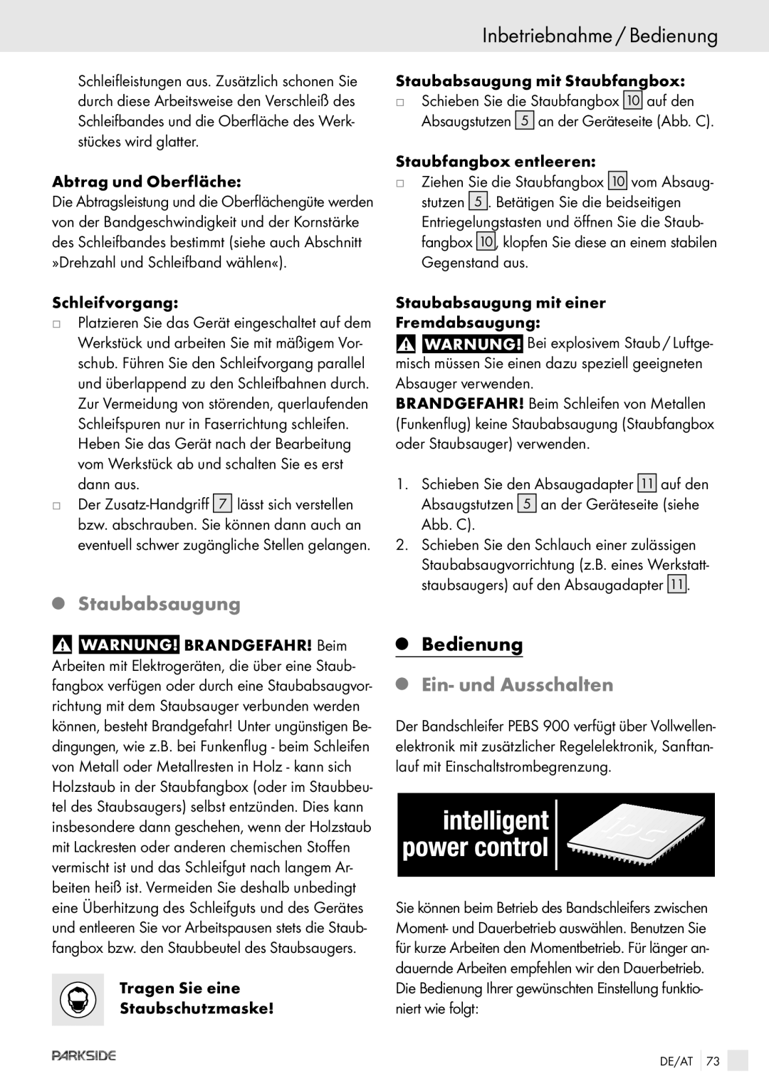 Kompernass PEBS 900 manual Inbetriebnahme / Bedienung, Staubabsaugung, Ein- und Ausschalten 